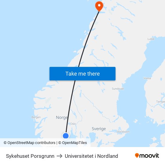 Sykehuset Porsgrunn to Universitetet i Nordland map