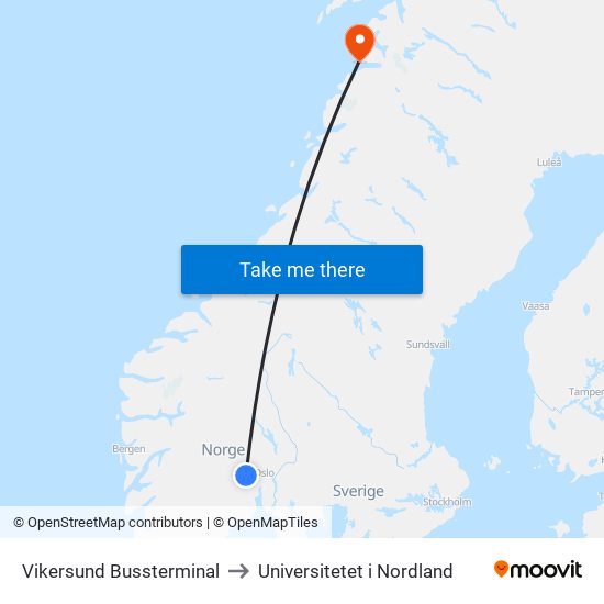 Vikersund Bussterminal to Universitetet i Nordland map