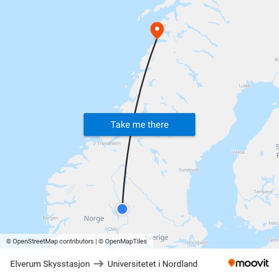 Elverum Skysstasjon to Universitetet i Nordland map