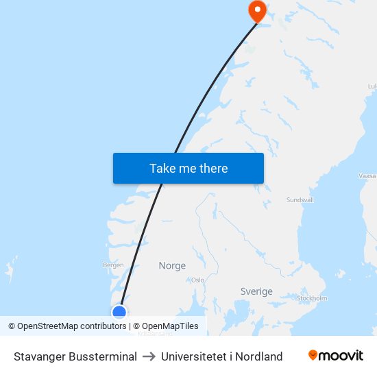 Stavanger Bussterminal to Universitetet i Nordland map