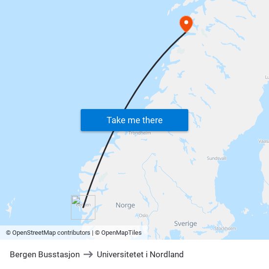 Bergen Busstasjon to Universitetet i Nordland map