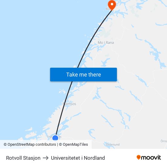 Rotvoll Stasjon to Universitetet i Nordland map