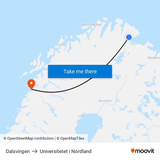Dalsvingen to Universitetet i Nordland map