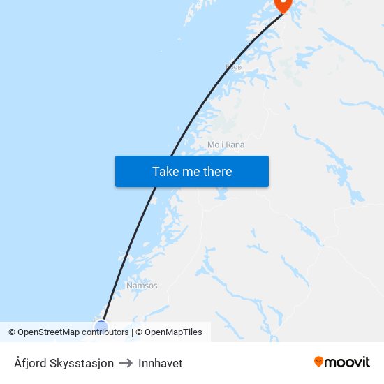 Åfjord Skysstasjon to Innhavet map