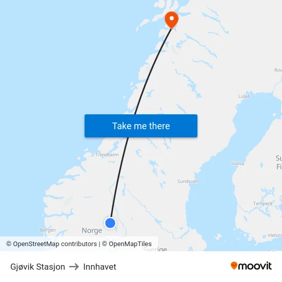 Gjøvik Stasjon to Innhavet map