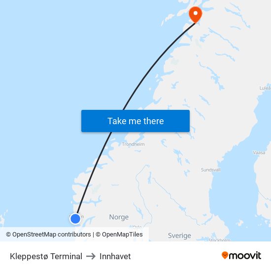 Kleppestø Terminal to Innhavet map