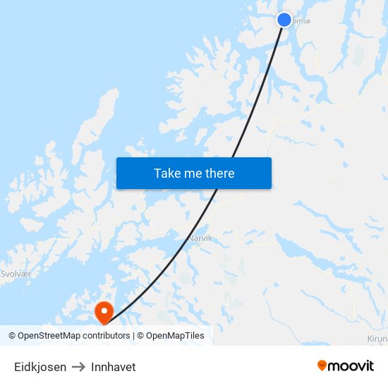 Eidkjosen to Innhavet map