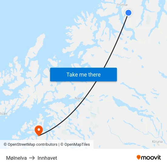 Mølnelva to Innhavet map