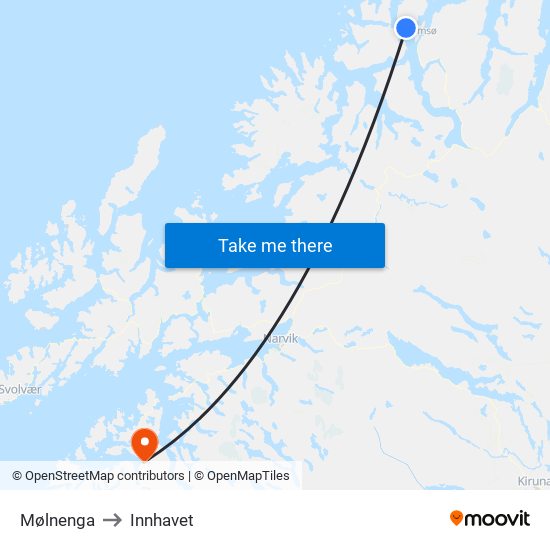 Mølnenga to Innhavet map