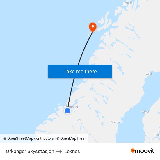 Orkanger Skysstasjon to Leknes map