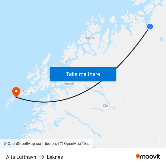 Alta Lufthavn to Leknes map