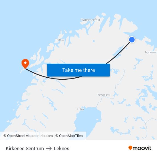 Kirkenes Sentrum to Leknes map