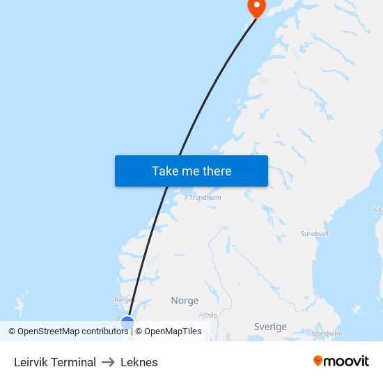 Leirvik Terminal to Leknes map