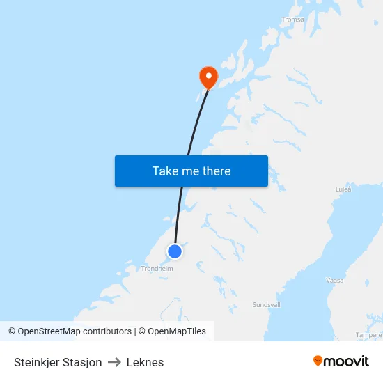 Steinkjer Stasjon to Leknes map