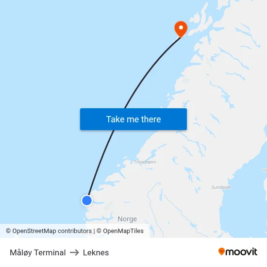 Måløy Terminal to Leknes map