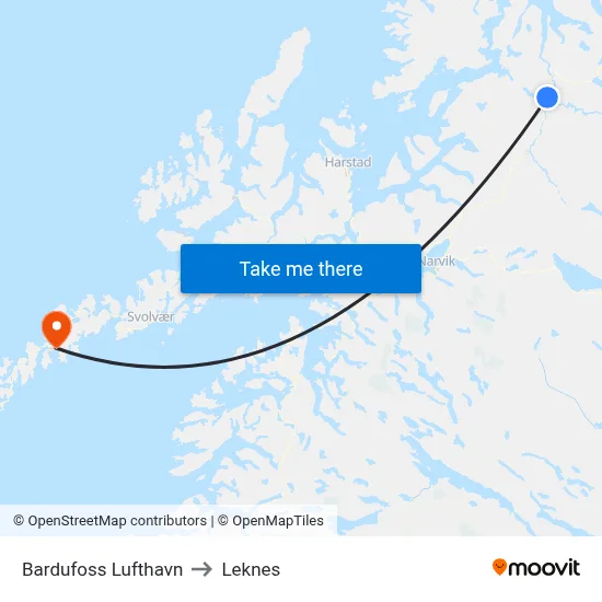 Bardufoss Lufthavn to Leknes map