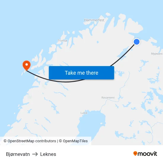 Bjørnevatn to Leknes map