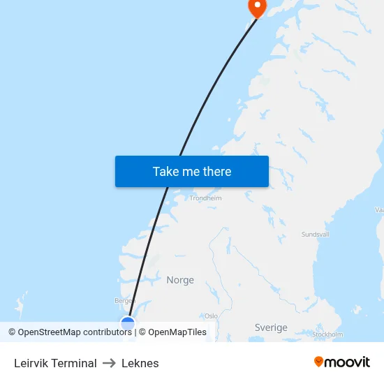 Leirvik Terminal to Leknes map