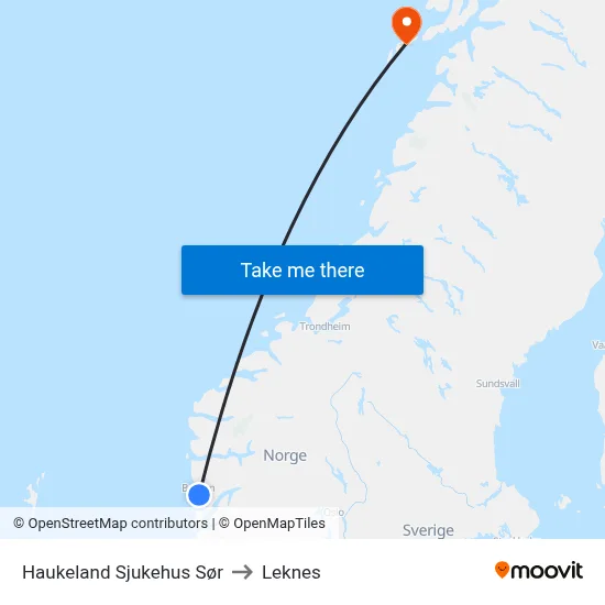 Haukeland Sjukehus Sør to Leknes map