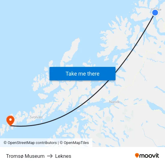 Tromsø Museum to Leknes map