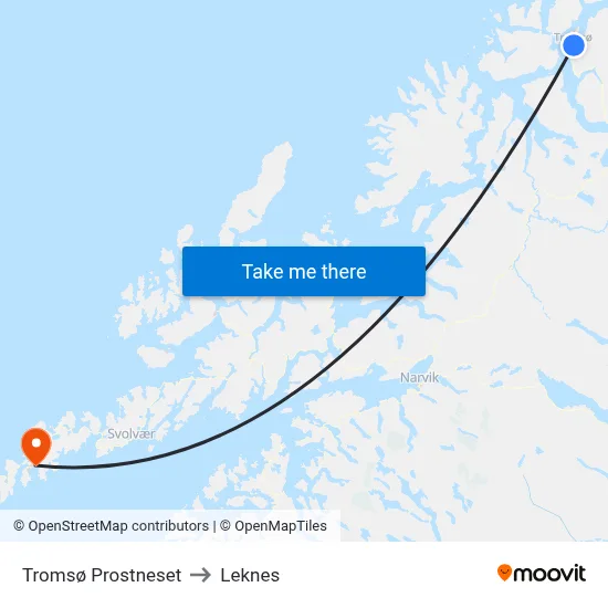 Tromsø Prostneset to Leknes map