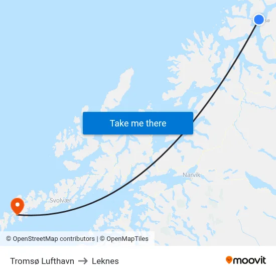 Tromsø Lufthavn to Leknes map