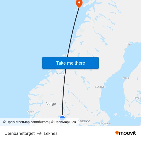 Jernbanetorget to Leknes map