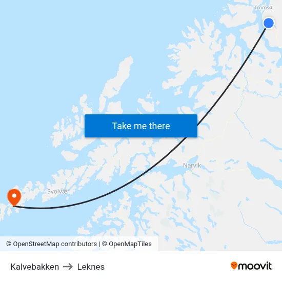 Kalvebakken to Leknes map