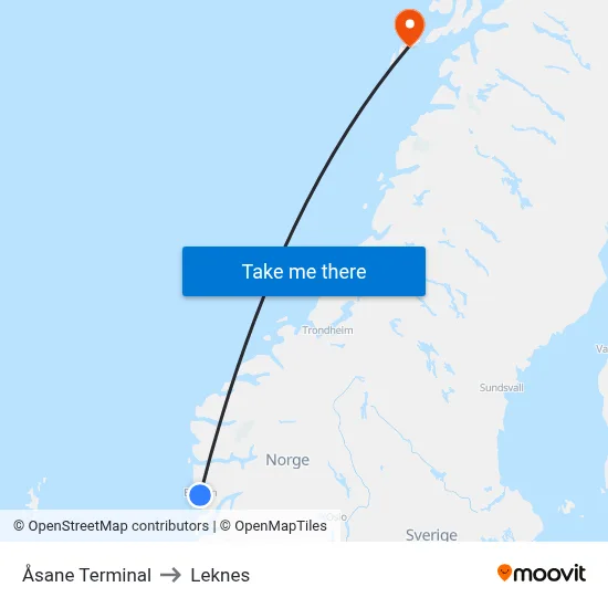 Åsane Terminal to Leknes map