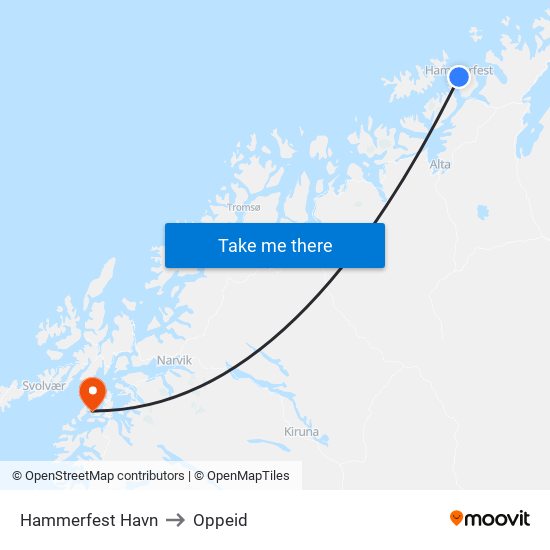 Hammerfest Havn to Oppeid map