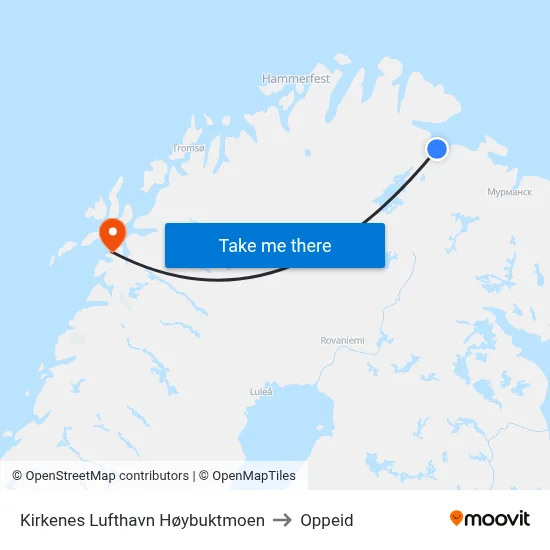 Kirkenes Lufthavn Høybuktmoen to Oppeid map