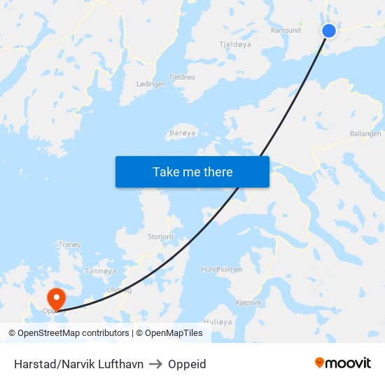 Harstad/Narvik Lufthavn to Oppeid map