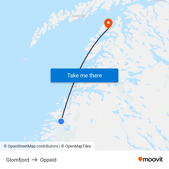 Glomfjord to Oppeid map