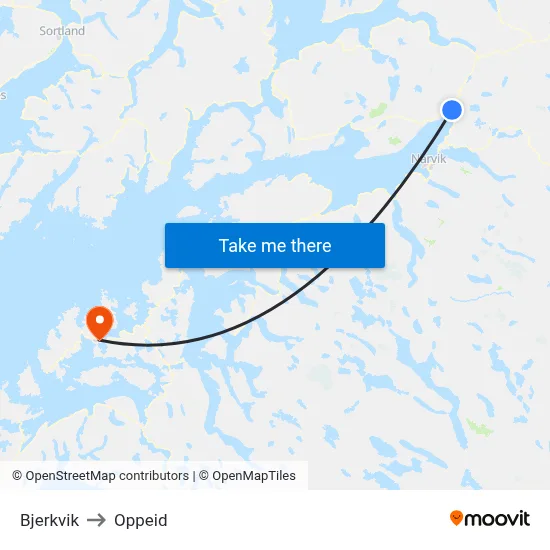 Bjerkvik to Oppeid map