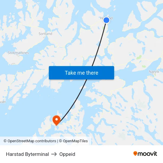 Harstad Byterminal to Oppeid map