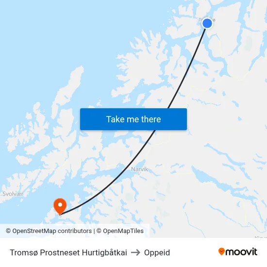 Tromsø Prostneset Hurtigbåtkai to Oppeid map