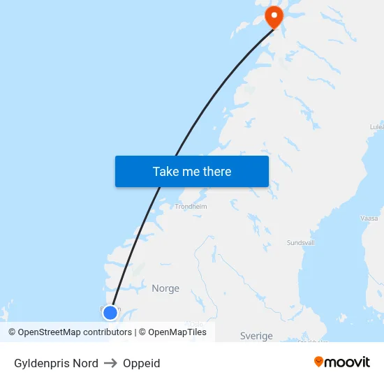 Gyldenpris Nord to Oppeid map