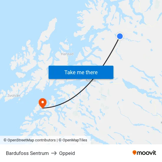 Bardufoss Sentrum to Oppeid map