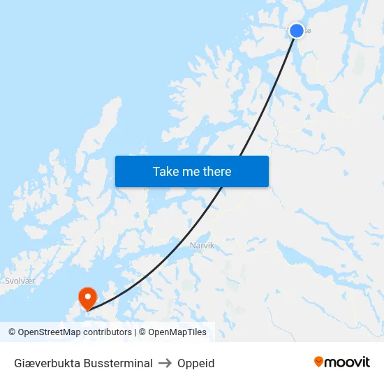 Giæverbukta Bussterminal to Oppeid map