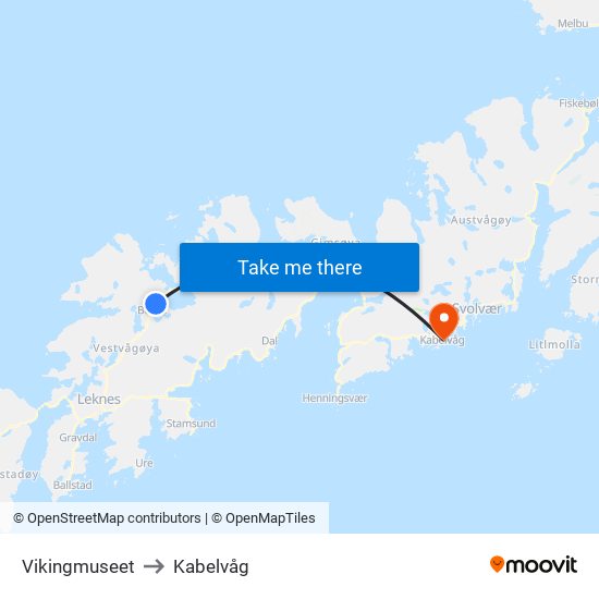 Vikingmuseet to Kabelvåg map