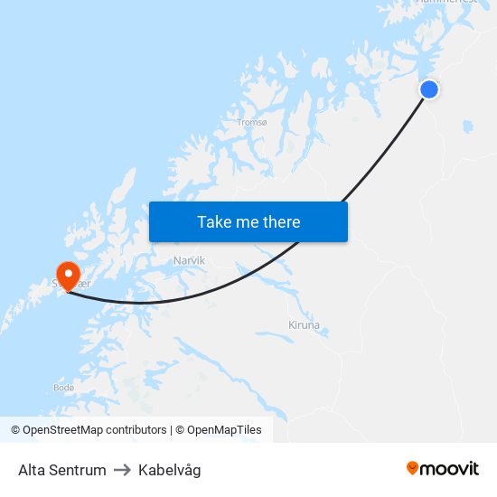 Alta Sentrum to Kabelvåg map