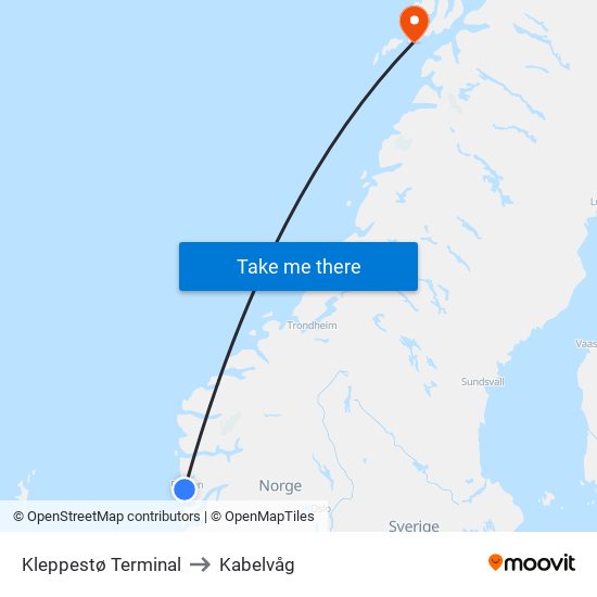 Kleppestø Terminal to Kabelvåg map