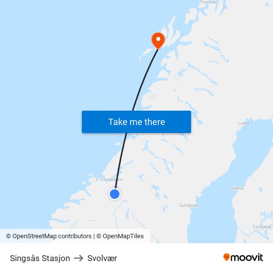 Singsås Stasjon to Svolvær map