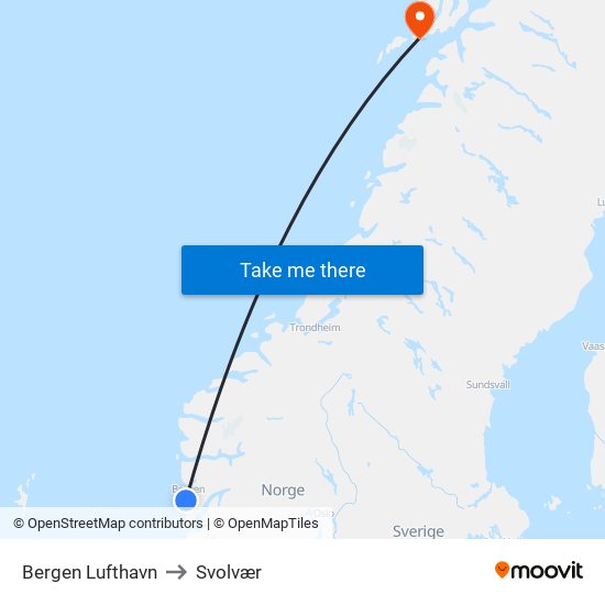 Bergen Lufthavn to Svolvær map