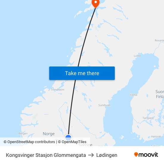 Kongsvinger Stasjon Glommengata to Lødingen map