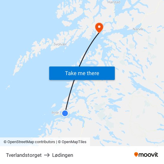 Tverlandstorget to Lødingen map