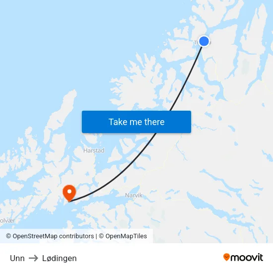 Unn to Lødingen map