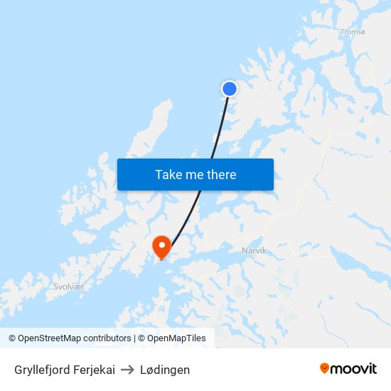 Gryllefjord Ferjekai to Lødingen map