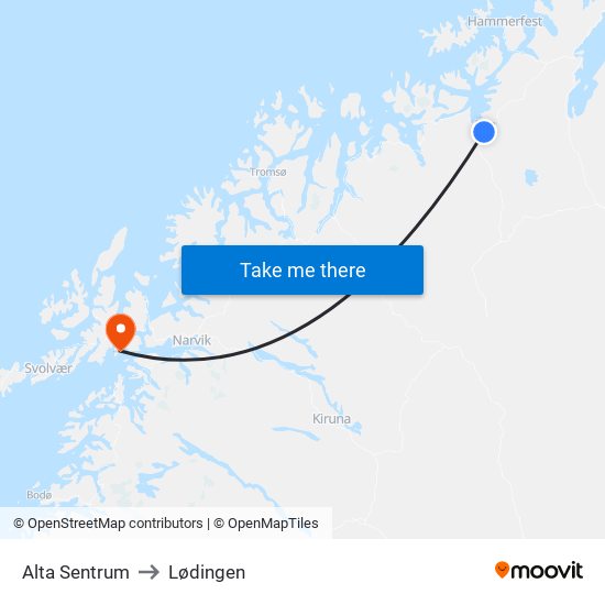 Alta Sentrum to Lødingen map