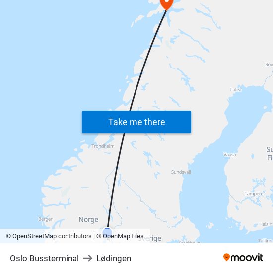 Oslo Bussterminal to Lødingen map